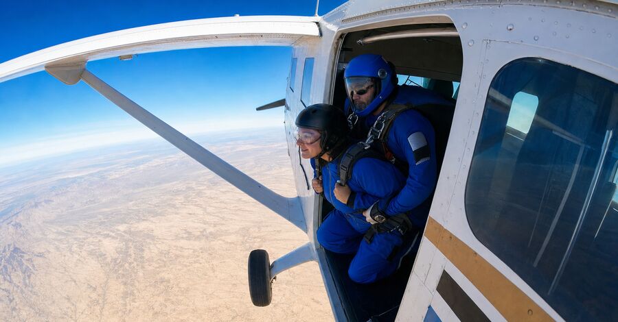 Wing-camera shot of a tandem pair in the aircraft door